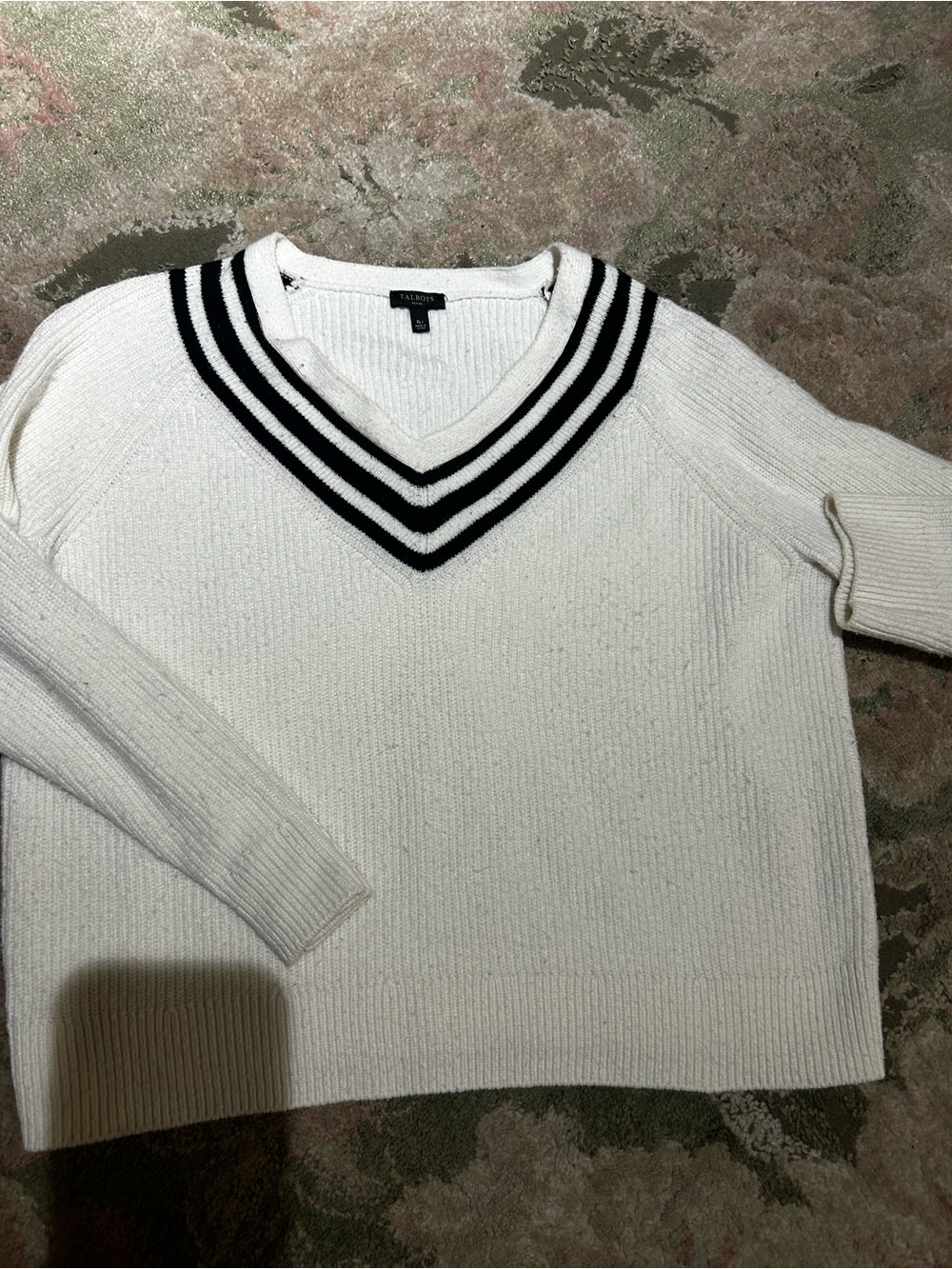 Talbots Cream V-Neck Sweater with Black Stripe Collar